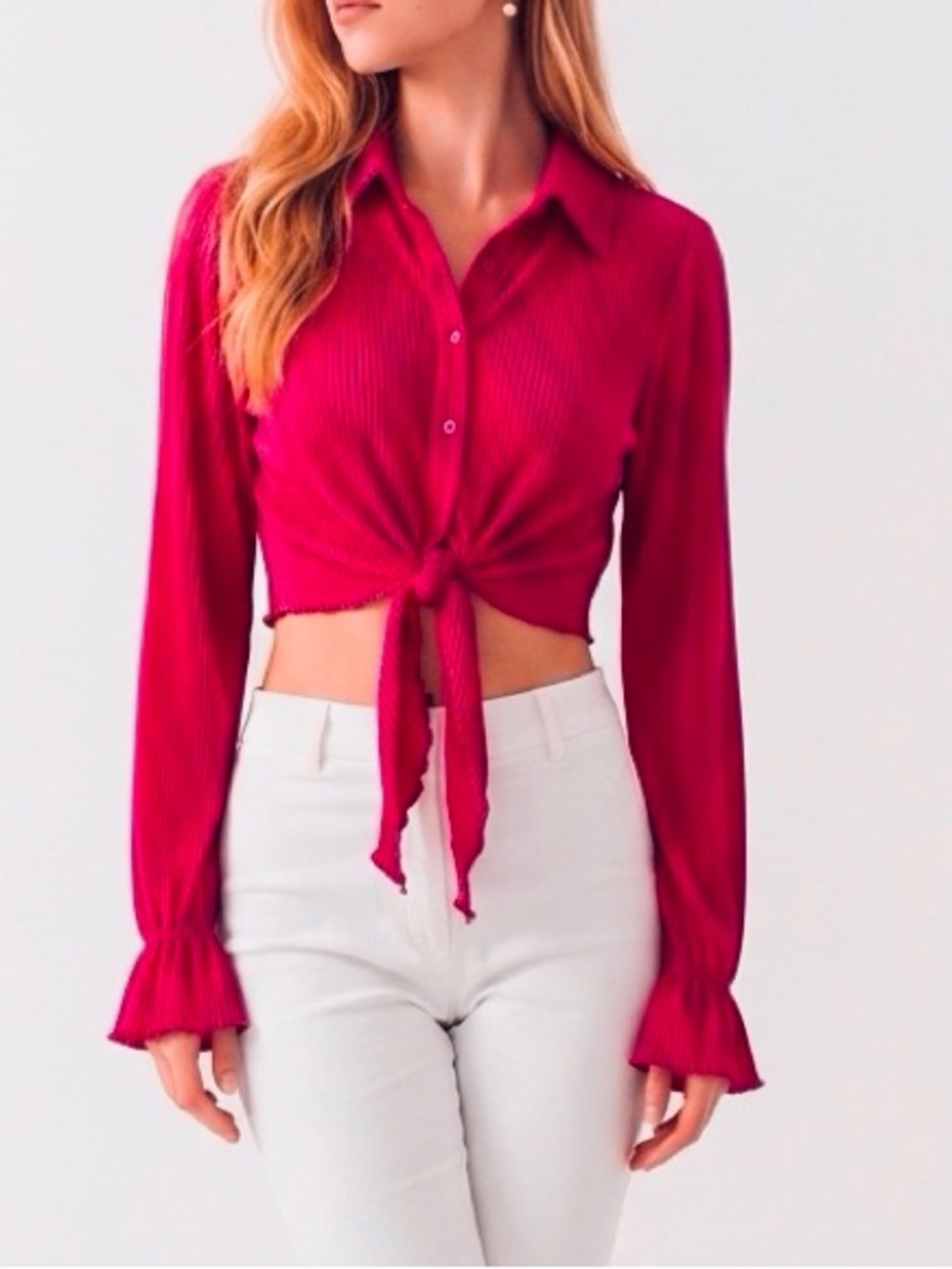 Women's Pink Pleated Tie-Front Blouse V-Neck Long Sleeve Size M button front. - Picture 1 of 11